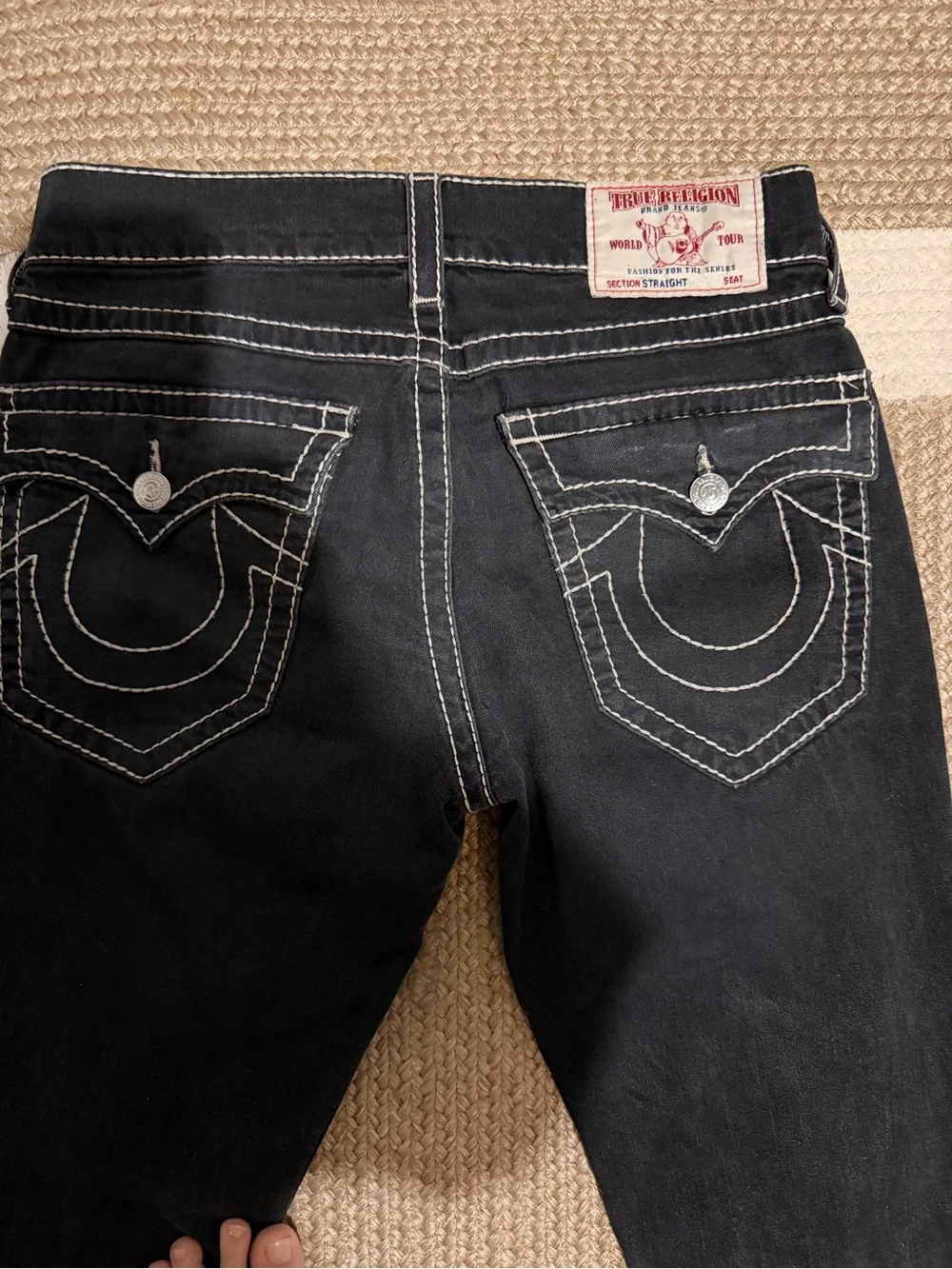 MensTrue Religion Black Straight Flap Natural Big T White Contrast Stitching